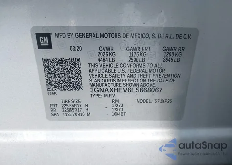 2020 Chevrolet Equinox Fwd Ls из США, поврежденный, VIN 3GNAXHEV6LS668067